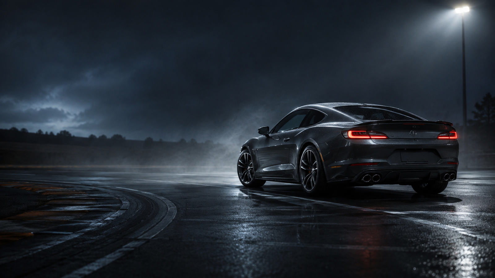 A graphite sports coupe on a sweeping automotive proving ground at dusk
