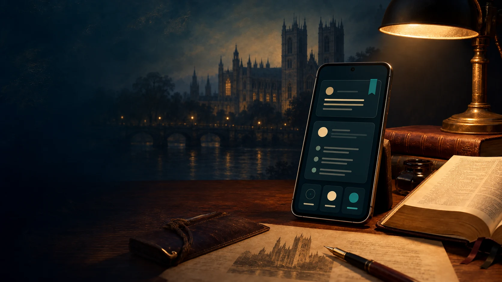 Illustrated study desk with a Westminster catechism, Bible, and phone